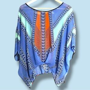 Bisou Bisou Michele Bohbot Womens Large Blue‎ Orange Tribal Sheer Poncho Top L
